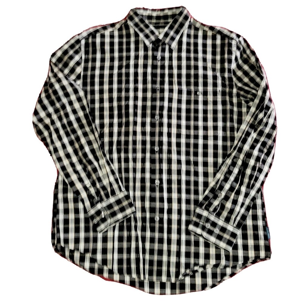 Perry Ellis Men Large Shirt Plaid Black Gray Button Down Long Sleeve 100% Cotton